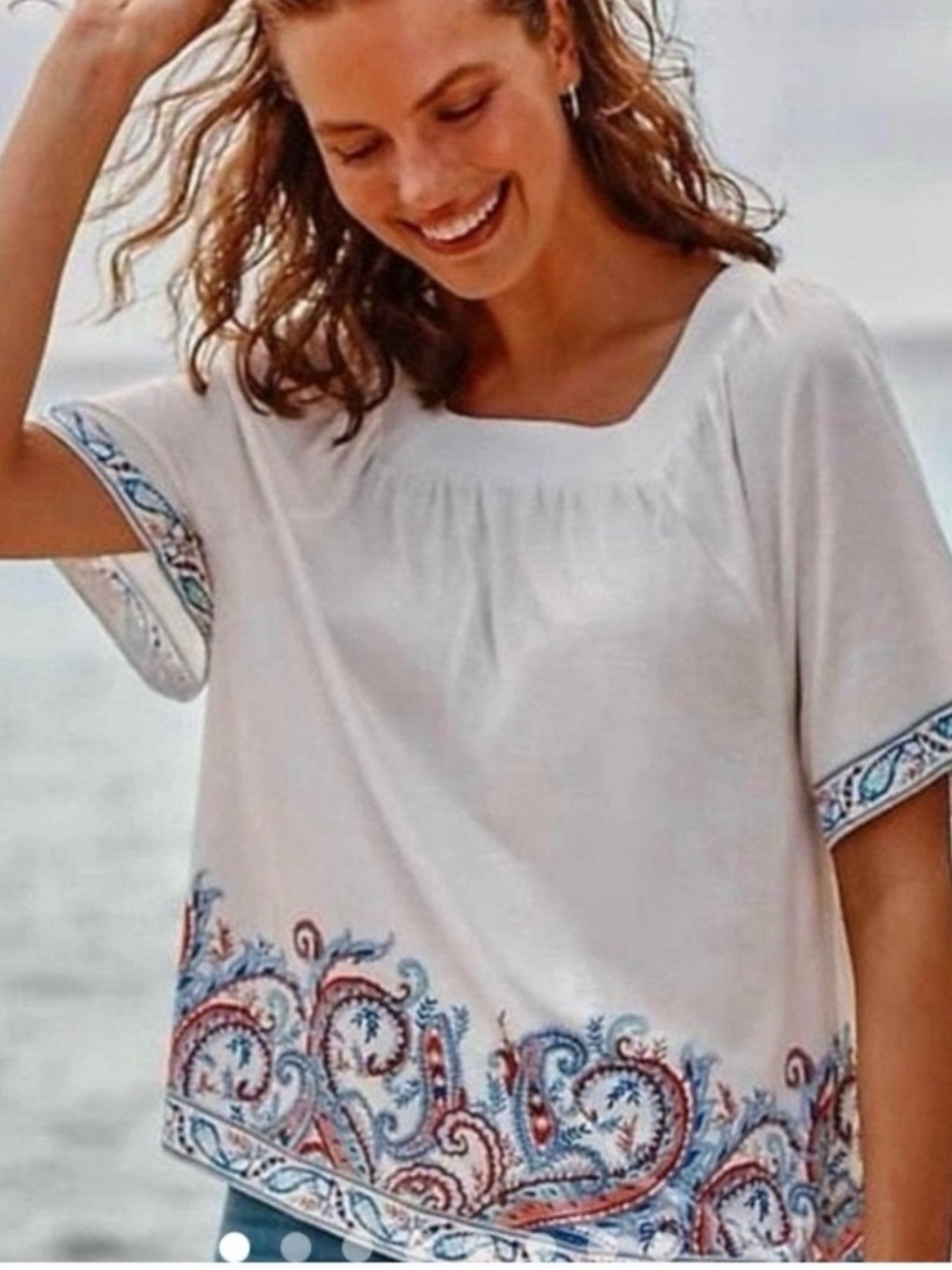 J. Jill White Blouse With Paisley Print Flutter Elbow Sleeve and Square Neck